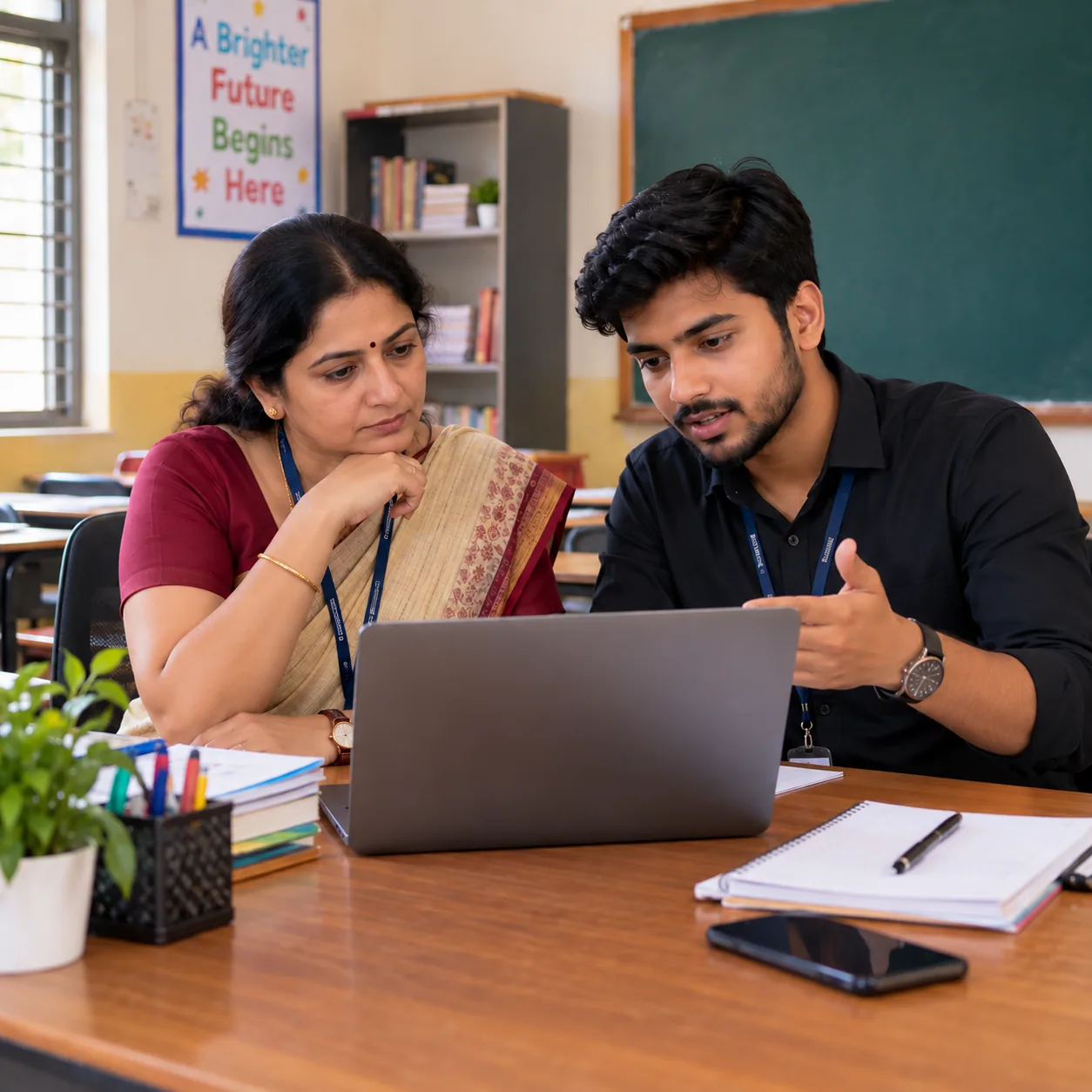 School staff discussing education marketing on a laptop in a classroom