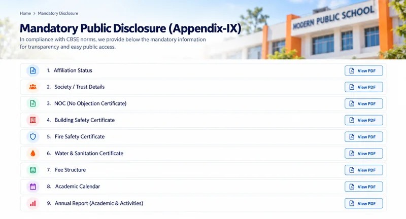 School Mandatory Public Disclosure page showing affiliation, safety certificates, fees and annual report documents