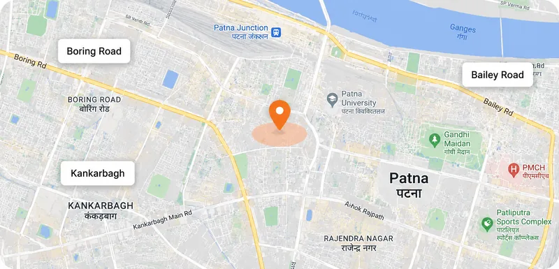 Illustrative Patna map highlighting Boring Road, Kankarbagh and Bailey Road