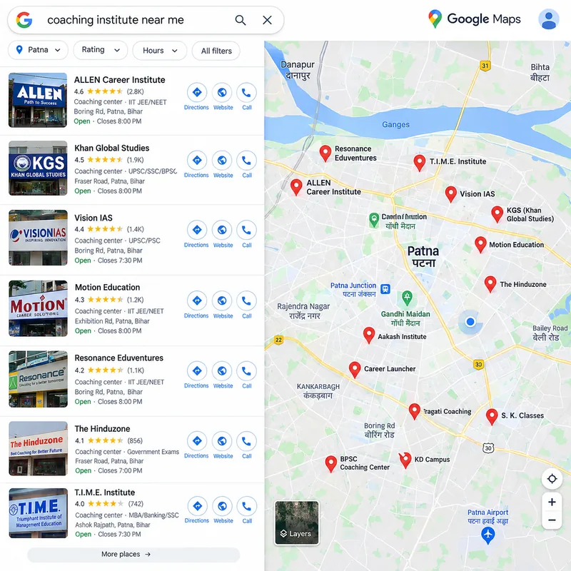 Google Maps search for coaching institute near me in Patna showing local coaching centres with ratings, calls and directions