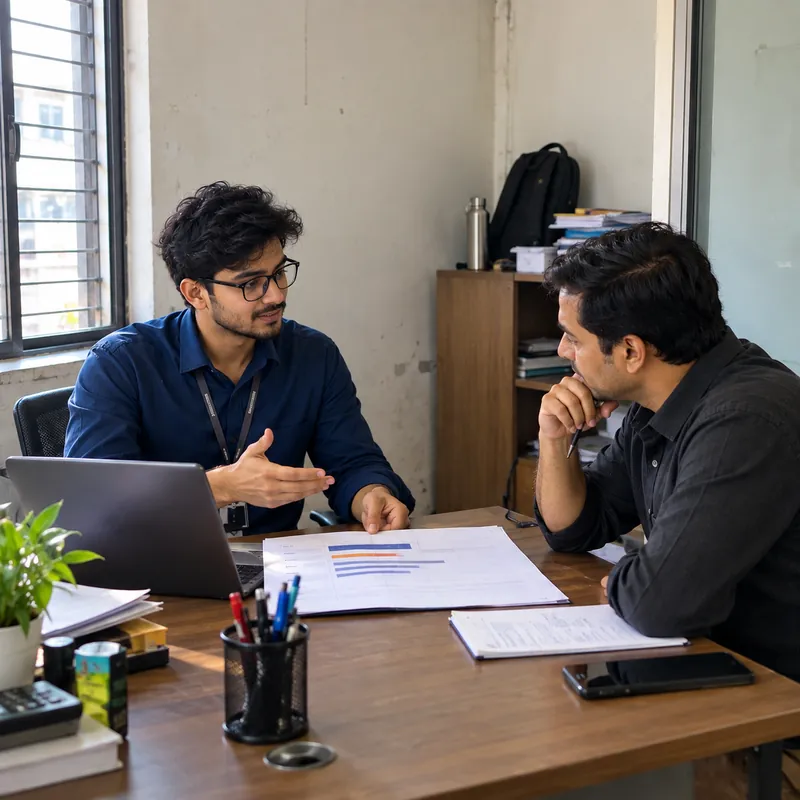 Two people discussing a coaching institute marketing plan with a laptop and printed charts