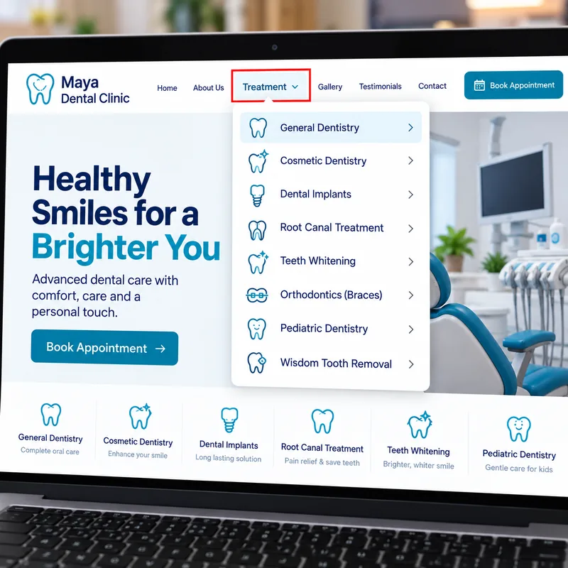 Dental clinic website in Patna with a treatment menu linking to separate pages for implants, root canal, braces and teeth whitening