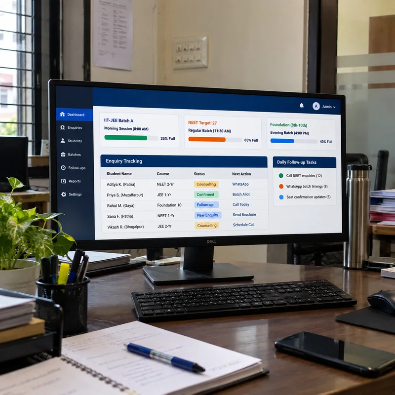 Coaching admission dashboard showing IIT JEE batches, student enquiries and follow-up tasks