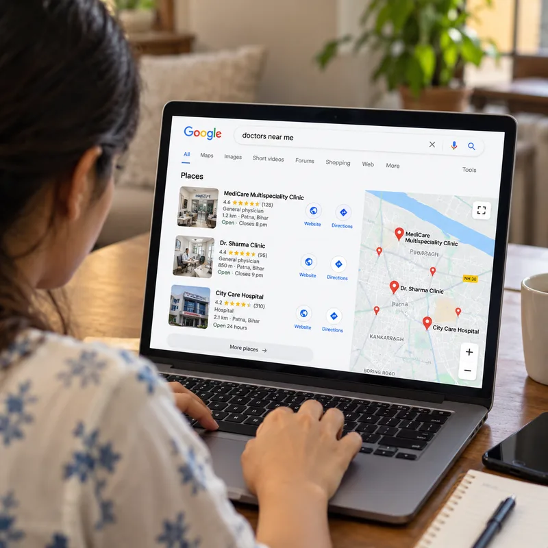 Patient searching Google for nearby doctors and clinics - Digital marketing helps doctors appear in local searches