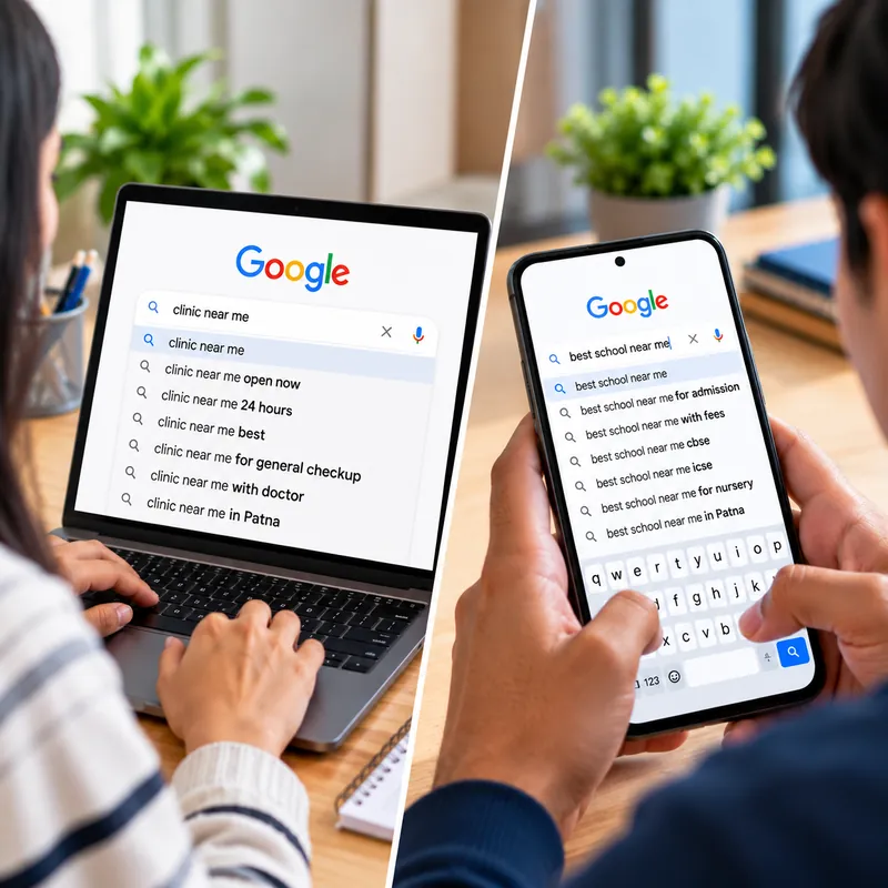 Google searches for nearby clinics and schools on a laptop and smartphone