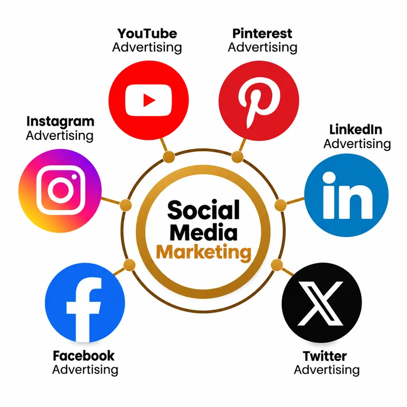 Social media marketing diagram showing Instagram, Facebook, YouTube, Pinterest, LinkedIn and X