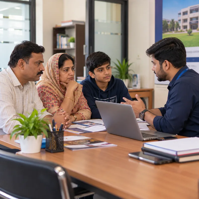 Coaching admission counselling in Patna - student and parents discussing course and admission options with a counsellor