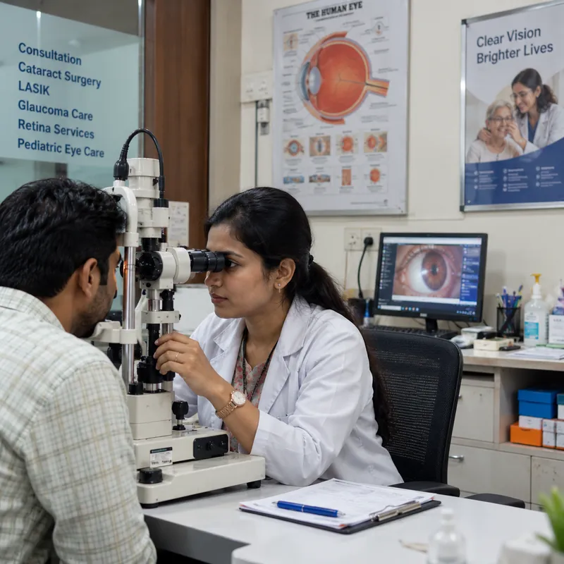 Eye specialist performing slit-lamp eye examination at an eye clinic in Patna