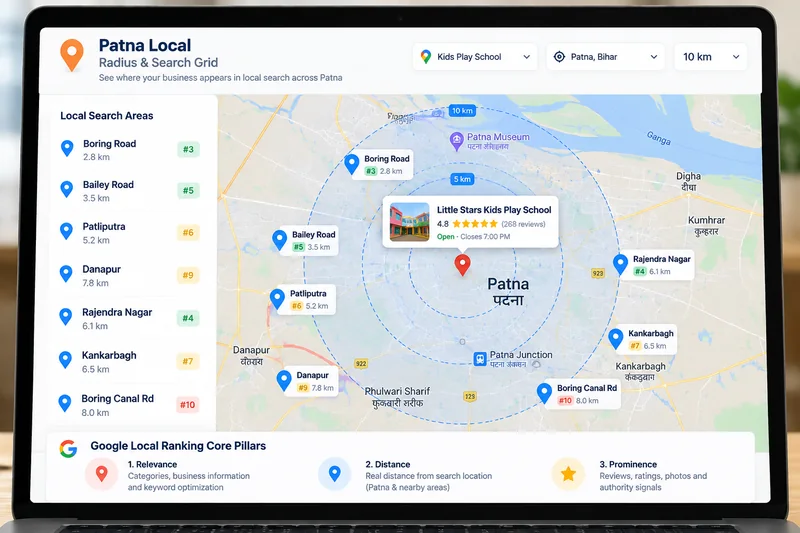 Illustrative local search dashboard showing a Patna business across nearby areas on a map