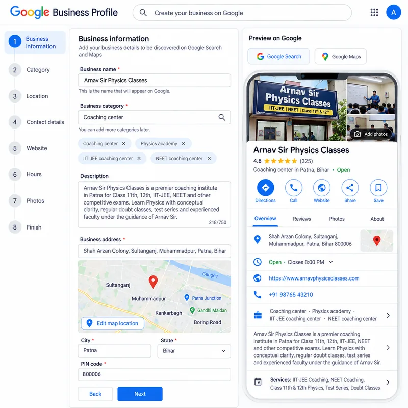 Google Business Profile setup for a coaching institute in Patna - business name, coaching center category, description, address and live profile preview