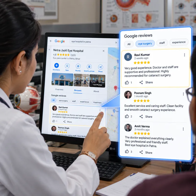 Patient reviews on Google for an eye hospital in Patna, shown on a clinic computer