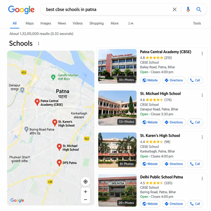 Google Maps local results showing schools in Patna for local SEO