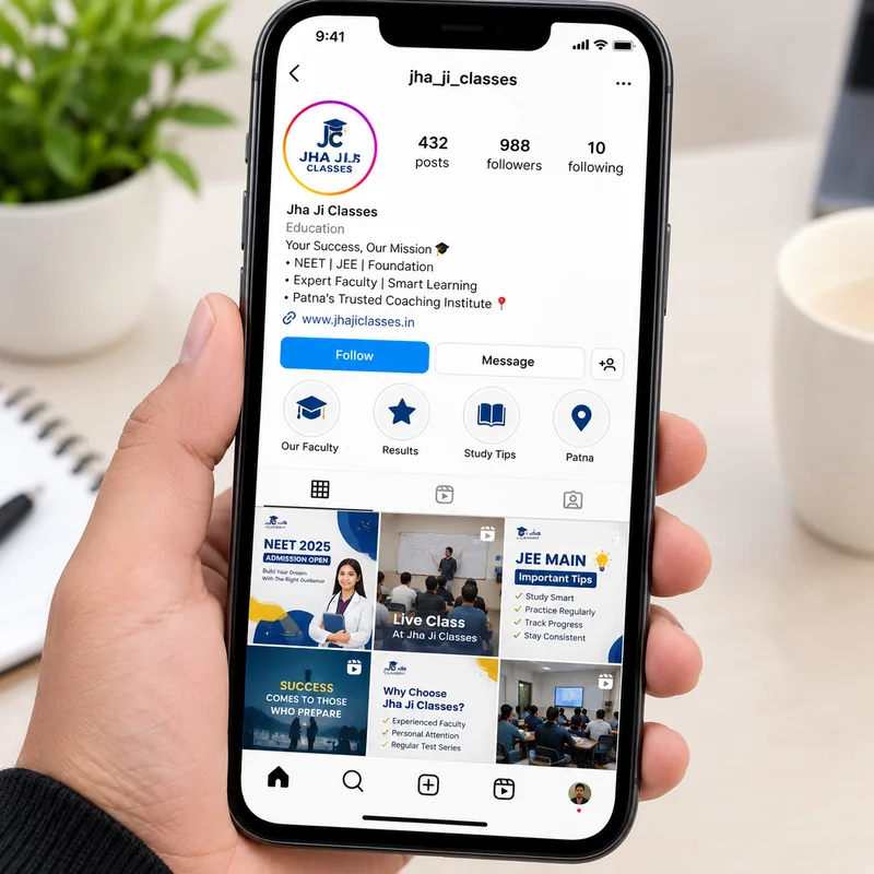 Instagram marketing for a coaching institute in Patna - coaching profile showing NEET and JEE posts, faculty, results and student reels