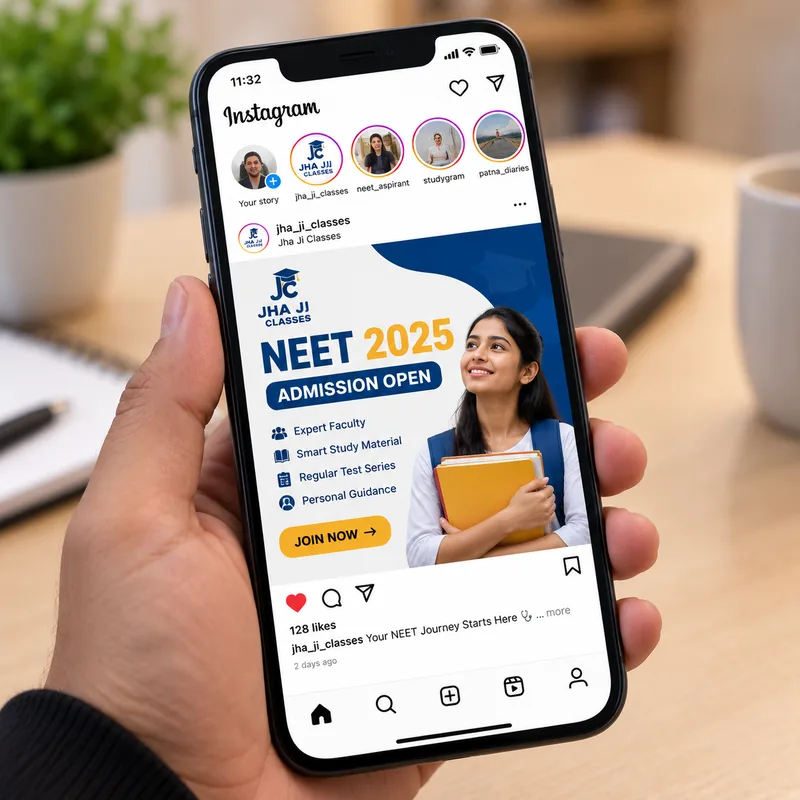 Instagram post for a NEET coaching institute in Patna announcing admissions open with expert faculty, study material and test series