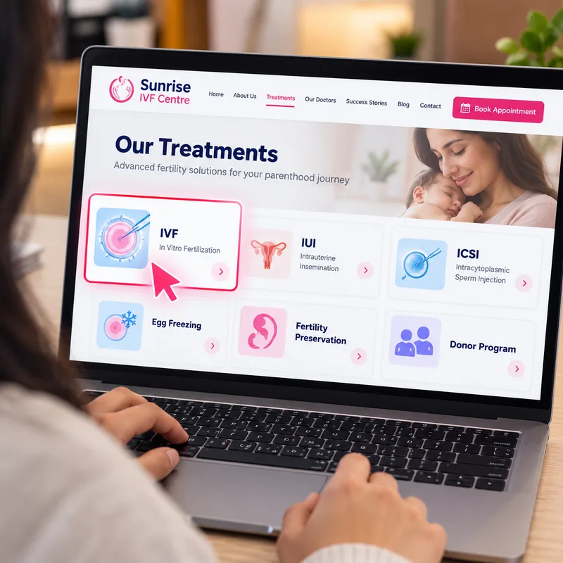 Patient browsing IVF, IUI, ICSI and egg freezing treatment pages on a fertility clinic website - IVF treatment page SEO in Patna