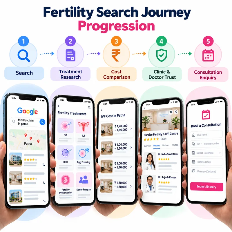 Fertility patient search journey in Patna: IVF clinic search, treatment research, IVF cost comparison, clinic and doctor trust, consultation enquiry