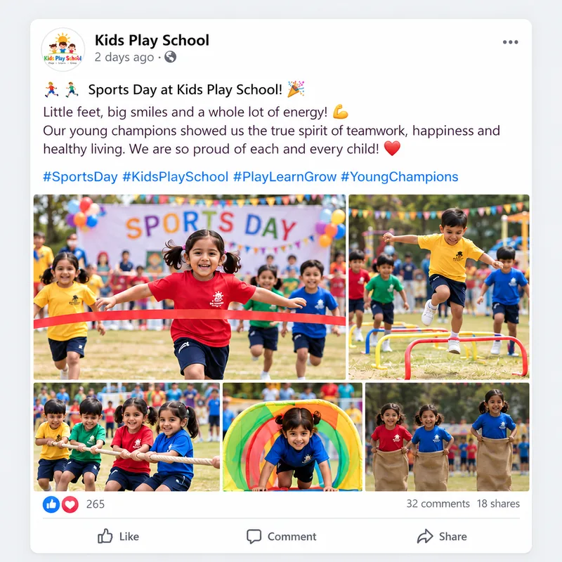 School social media post example: Sports Day at Kids Play School shared on Facebook