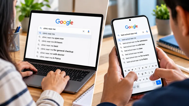 Customers searching Google for nearby clinics and schools in Patna on a laptop and phone