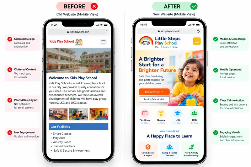 Before-and-after illustration comparing an outdated school website with a modern mobile-friendly design