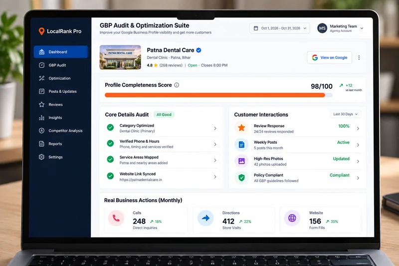 Illustrative business profile audit dashboard showing profile details, updates, reviews and customer interactions