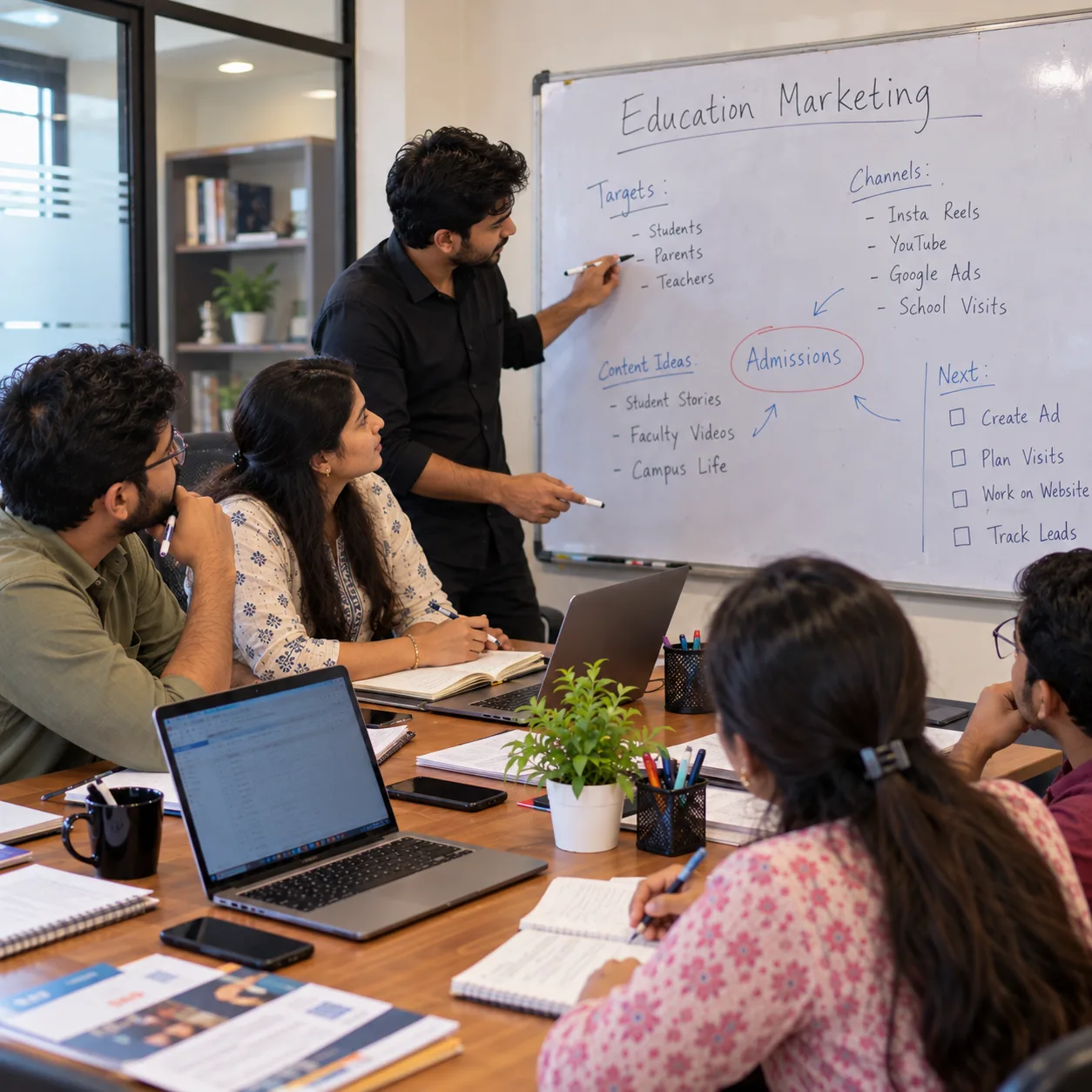 Team planning school marketing and admission campaigns on a whiteboard