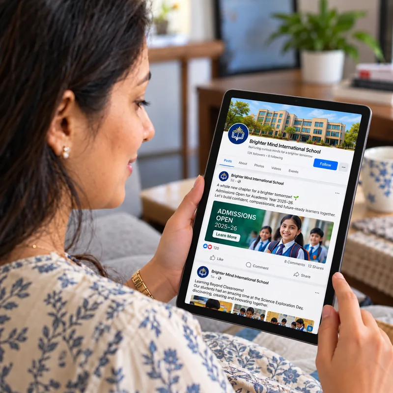 Parent checking a school's Facebook page on a tablet before admission in Patna