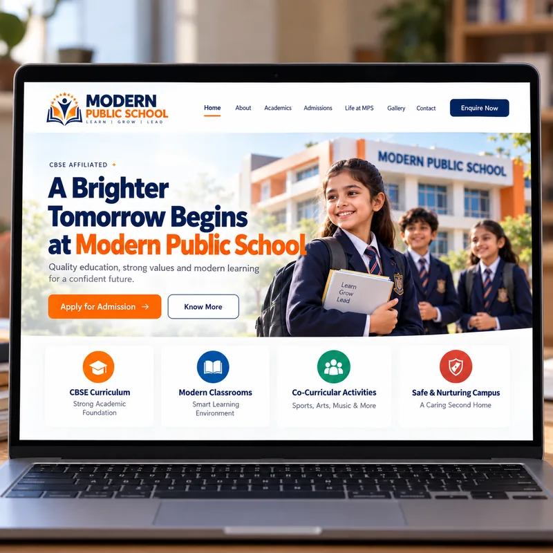 Laptop displaying a school website with admission enquiries, academics and campus information