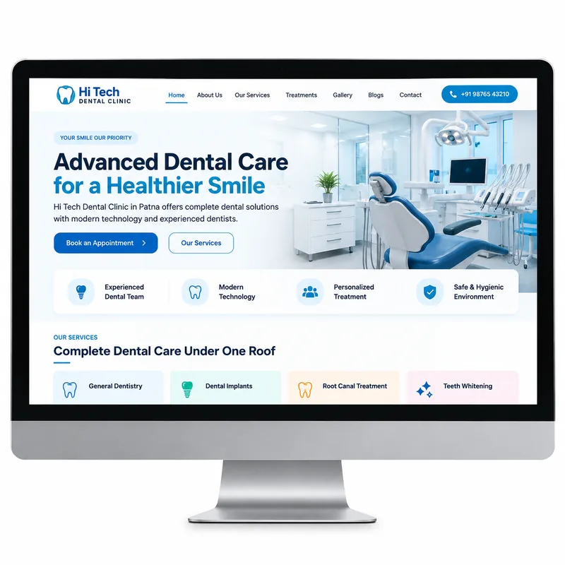 Desktop monitor showing a dental clinic website with services and appointment options