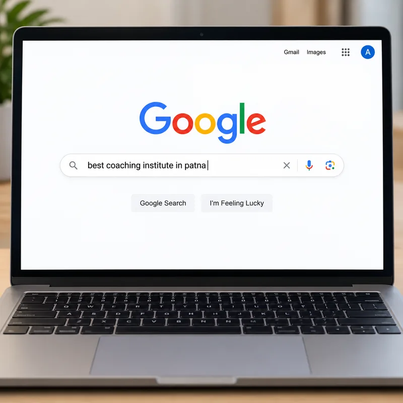 Laptop showing a Google search for best coaching institute in Patna