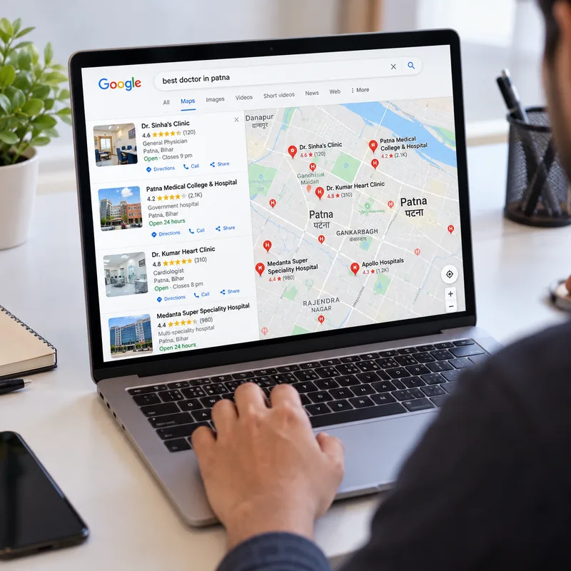 Laptop displaying Google Maps search results for doctors and clinics in Patna