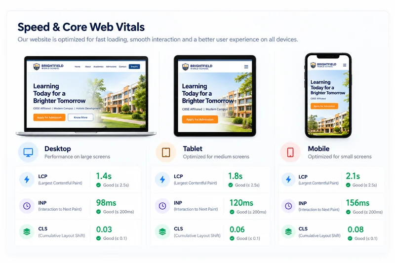 Illustration of a responsive school website on desktop, tablet and mobile with example performance metrics