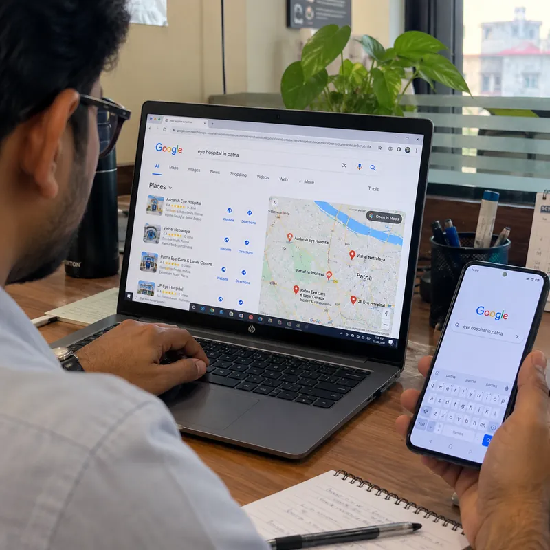 Eye hospital in Patna appearing in Google search and Maps results on laptop and phone