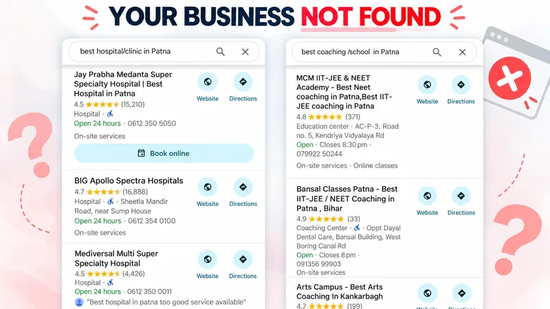 Local search results for hospitals, clinics, schools and coaching institutes in Patna
