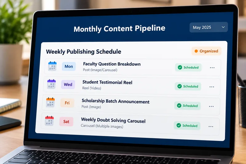 Monthly social media content calendar for a coaching institute in Patna with weekly reels, testimonials, batch announcements and doubt-solving carousels
