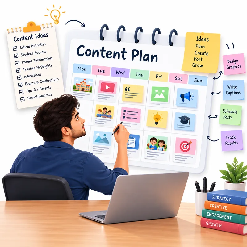Illustration of a social media content planner organising a weekly school content calendar