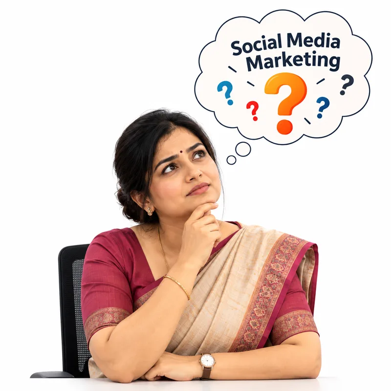Woman considering social media marketing questions for her business