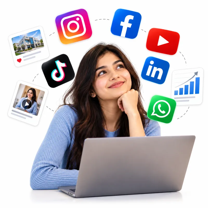 Woman using a laptop surrounded by social media icons and content illustrations