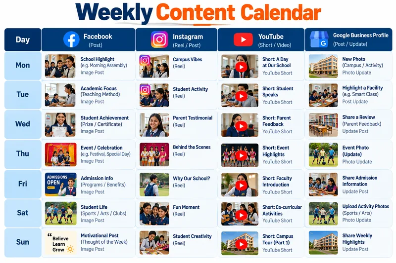 Weekly school social media content calendar for Facebook, Instagram, YouTube and Google Business Profile